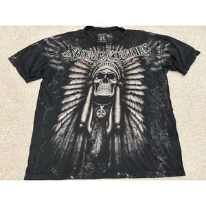 Xtreme Couture Men's Large Black Skull Graphic Rock Short Sleeve Shirt 2XL Y2K